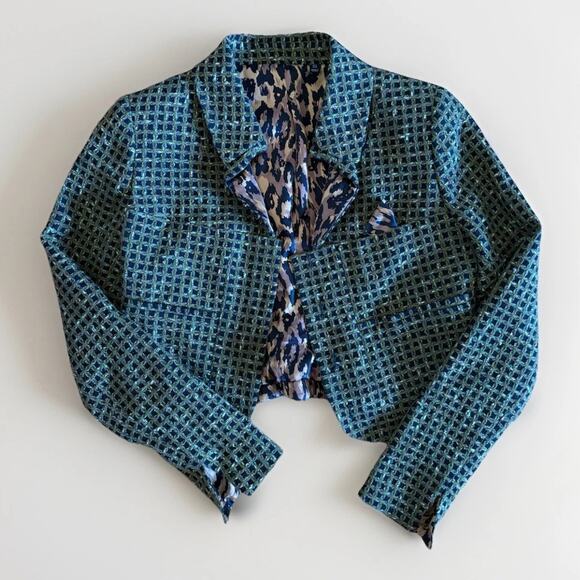 Carlisle Tweed Cropped Blazer 6 Green Black Leopard Statement Jacket Office Chic - Picture 12 of 13